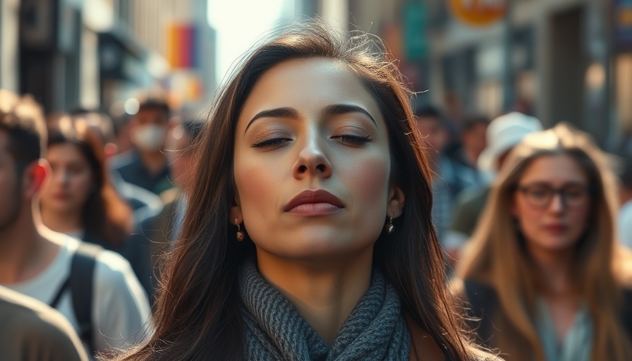 Tranquil woman practicing mindfulness meditation in a busy street.