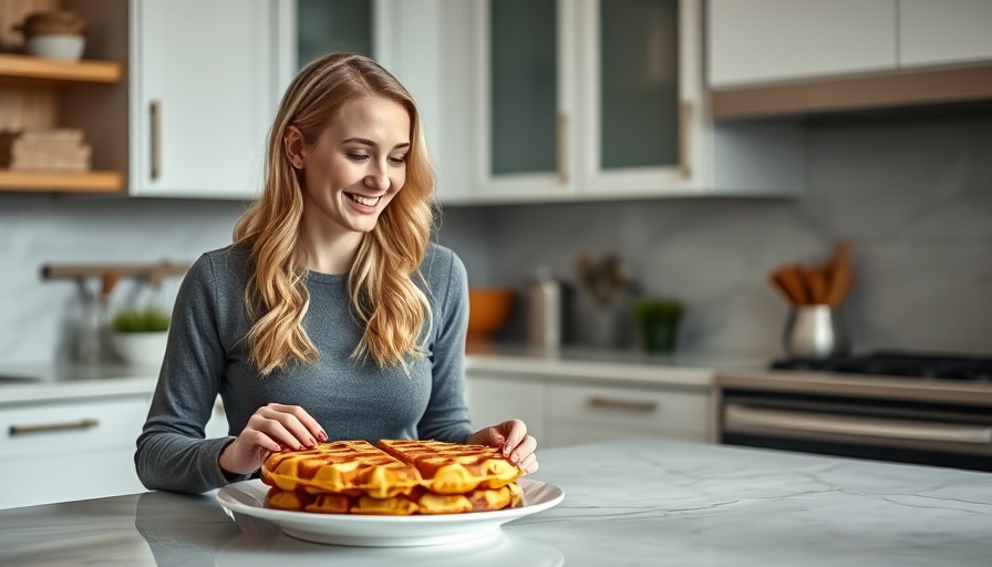 Blonde woman smiling in kitchen with protein-packed waffle.