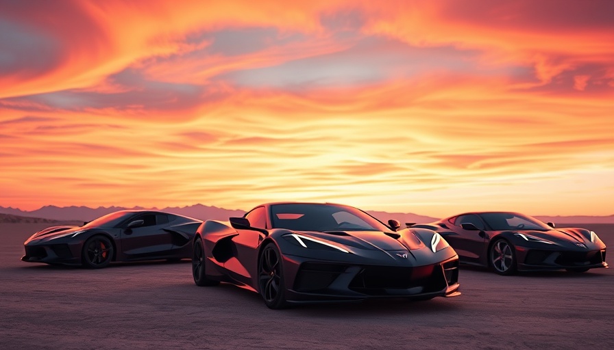 Chevrolet Corvette C8 cars on desert at sunset