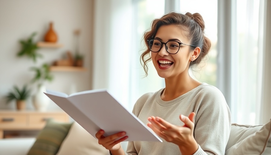 Young woman sharing healthy lifestyle tips at home with enthusiasm.