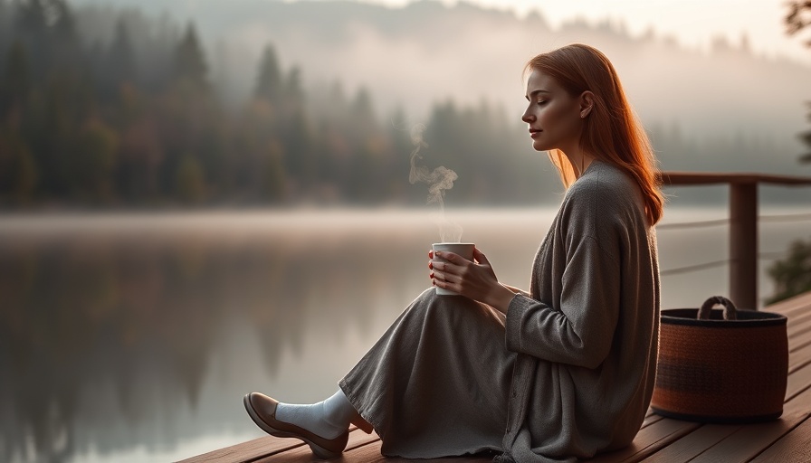 Woman relaxing on a dock with coffee, embracing present moment by lake.