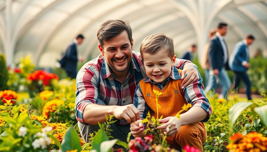 Father and son gardening joyfully while others rush by, remembering what truly matters.