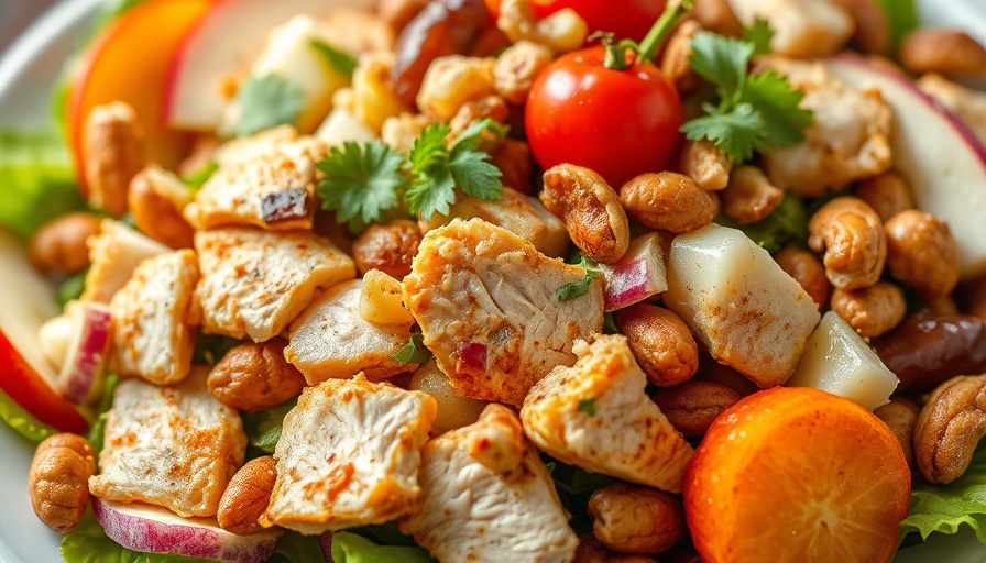 Vibrant crispy chicken salad with apples and nuts.