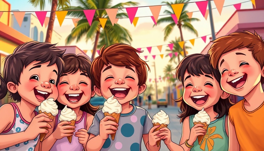 Children laughing joyfully at a festive event with ice cream, vibrant cartoon style.