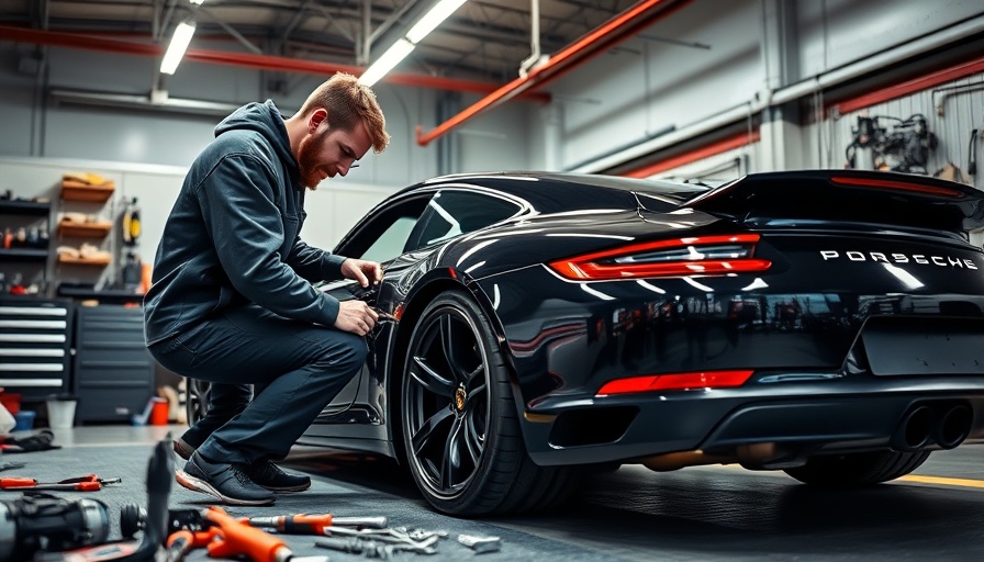 Mechanic works on Porsche 911 customization with widebody fenders.