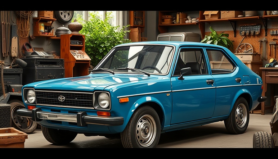 Vintage blue car in a garage with outdoor equipment