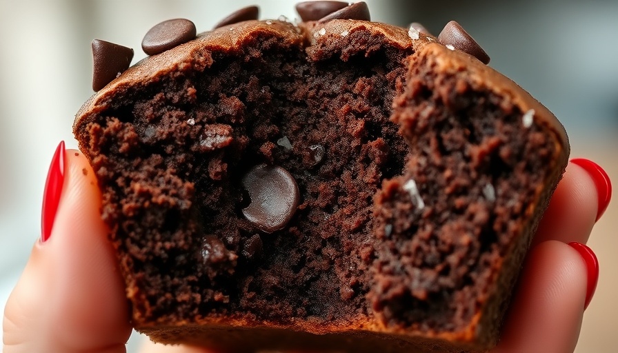 Close-up of bitten chocolate Kodiak protein muffin with red nails.