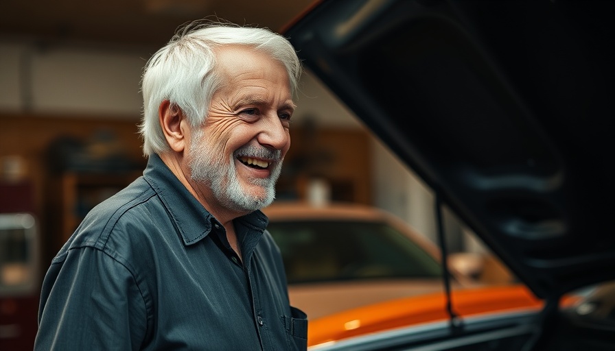 Older man smiling while discussing car maintenance in a warmly lit garage.