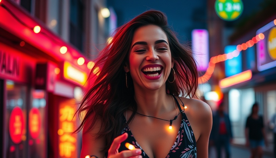 Dynamic night city scene with a woman dancing and lights
