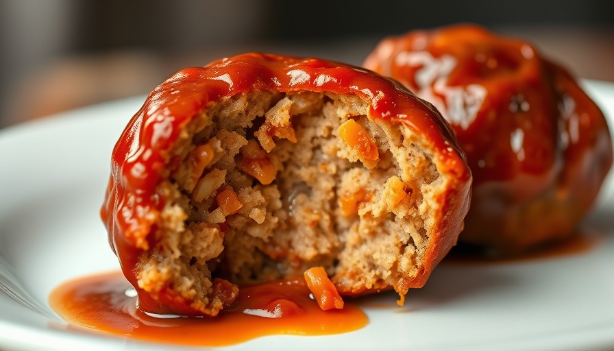 Juicy glazed meatball, high protein snack, on white plate with sauce.