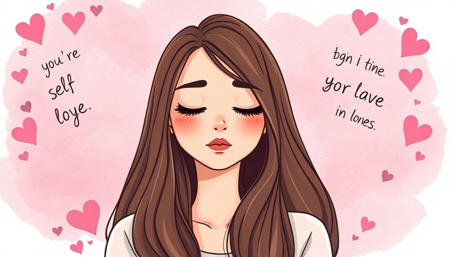 Whimsical woman practicing self-love with heart motifs, pink background.