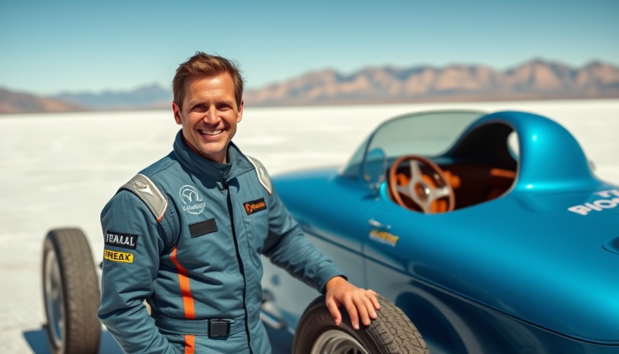 Man achieving 200 mph speed record with vintage car on salt flats.