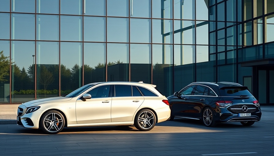 2026 Mercedes AMG E53 Hybrid Wagon in front of modern architecture.
