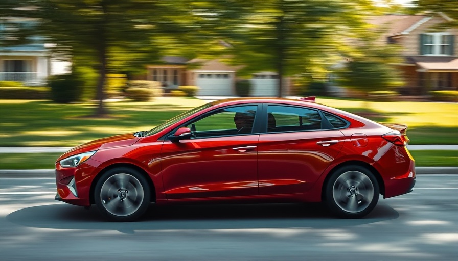 Sleek red hybrid car driving on a suburban road, most reliable hybrid car.