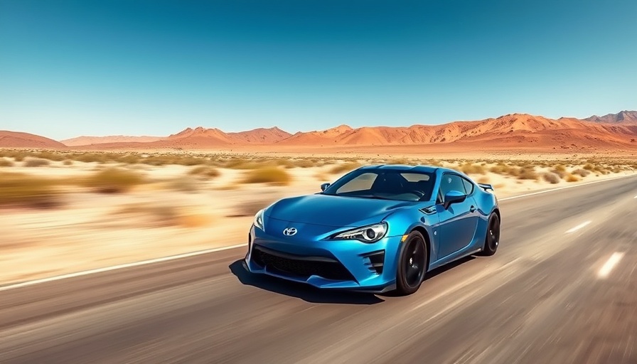 Blue Toyota V-8 coupe driving on open road desert backdrop
