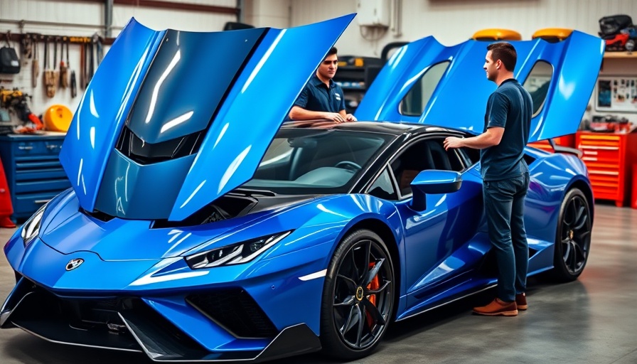 Car maintenance tips in a garage with a blue sports car.