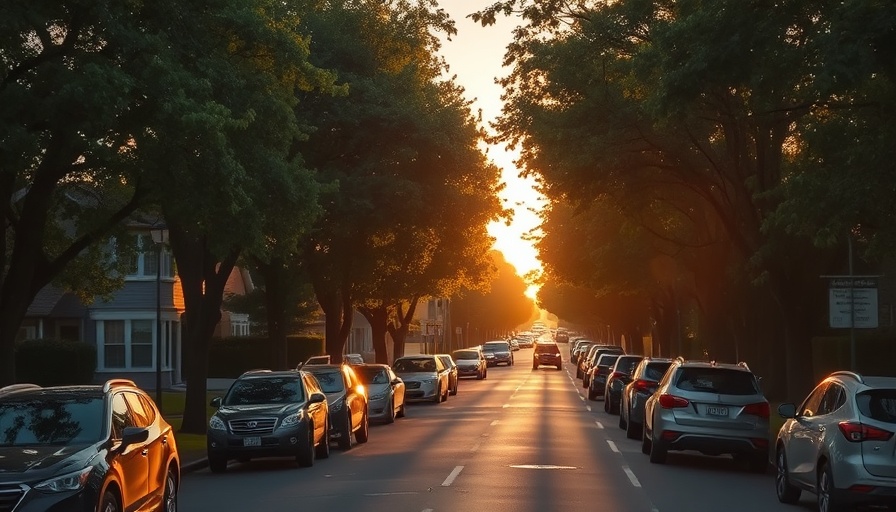 Suburban street in California at sunset with parked cars.