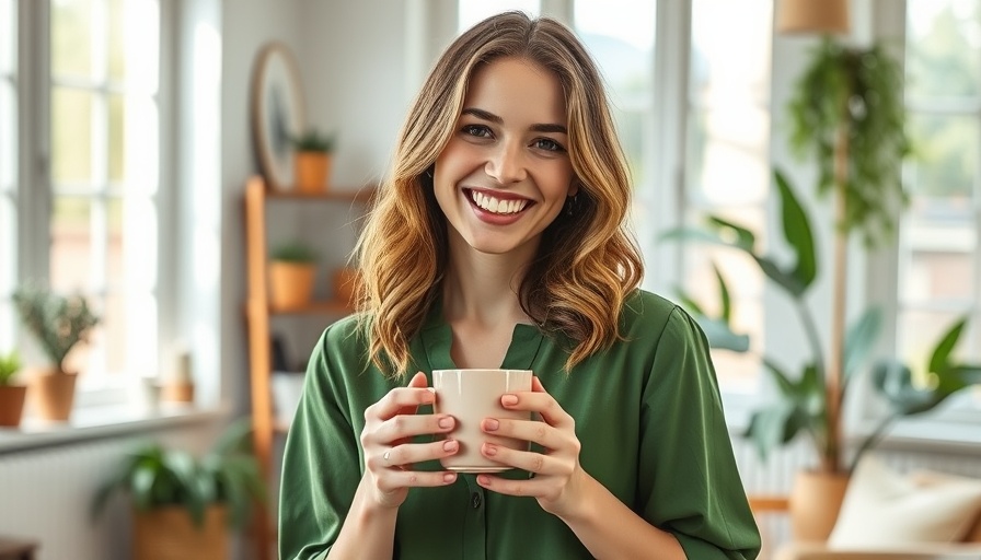 Smiling woman in a green blouse holding a mug indoors.