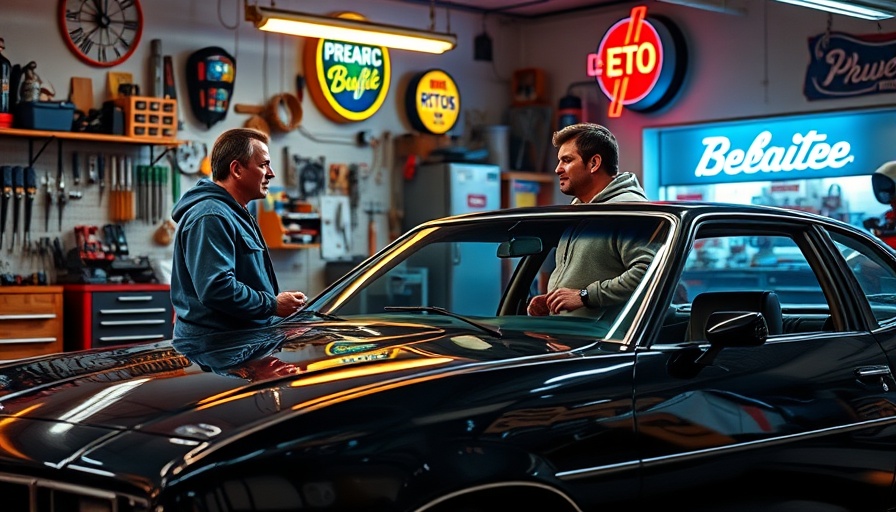 Car maintenance tips in a retro garage setting with 1990s black car.
