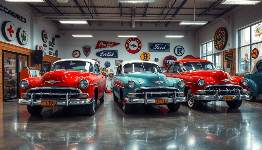 Classic cars displayed in a garage setting for car maintenance tips.