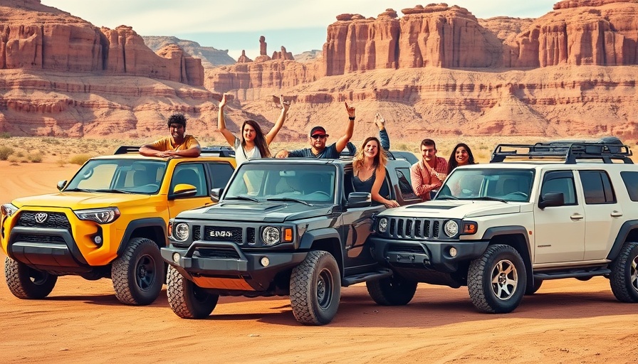 Group with affordable off-roading vehicles in desert.