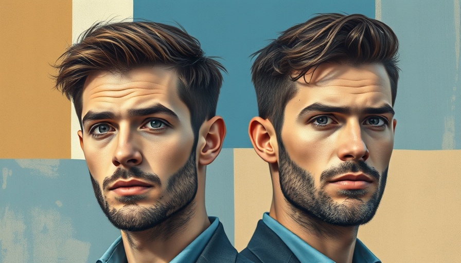 Stylized portrait of two men with abstract background in blue and beige.