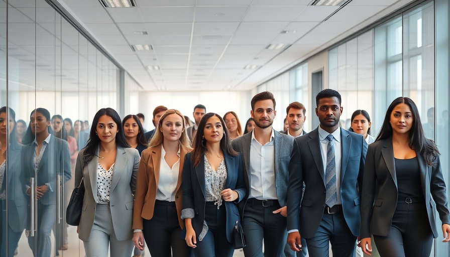 Diverse professionals in office corridor emphasizing AI and data privacy.