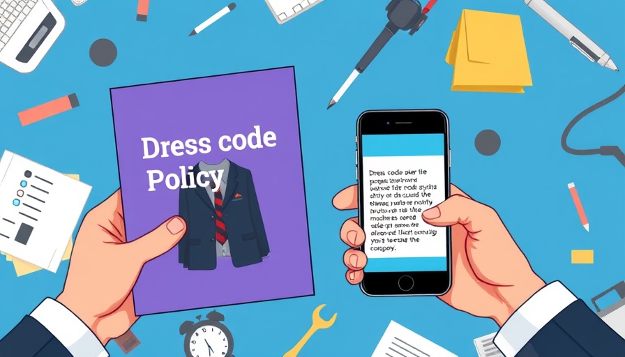Illustration of dress code policies document and phone, business theme.