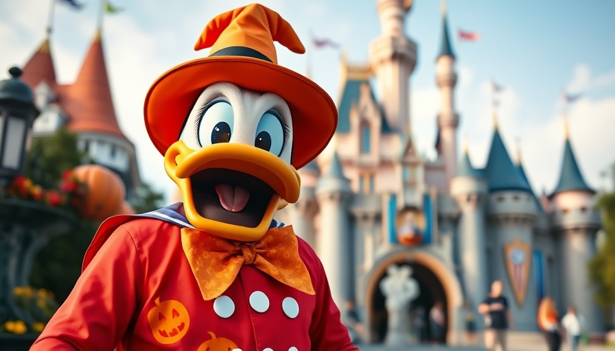 Disneyland Halloween celebration with Donald Duck and guest smiling.