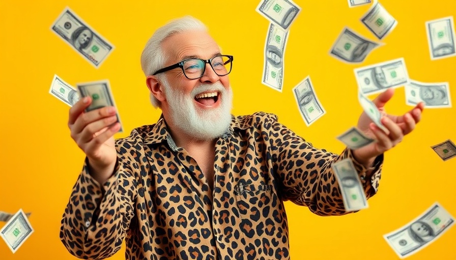 Elderly man tossing money joyfully, bright yellow background.