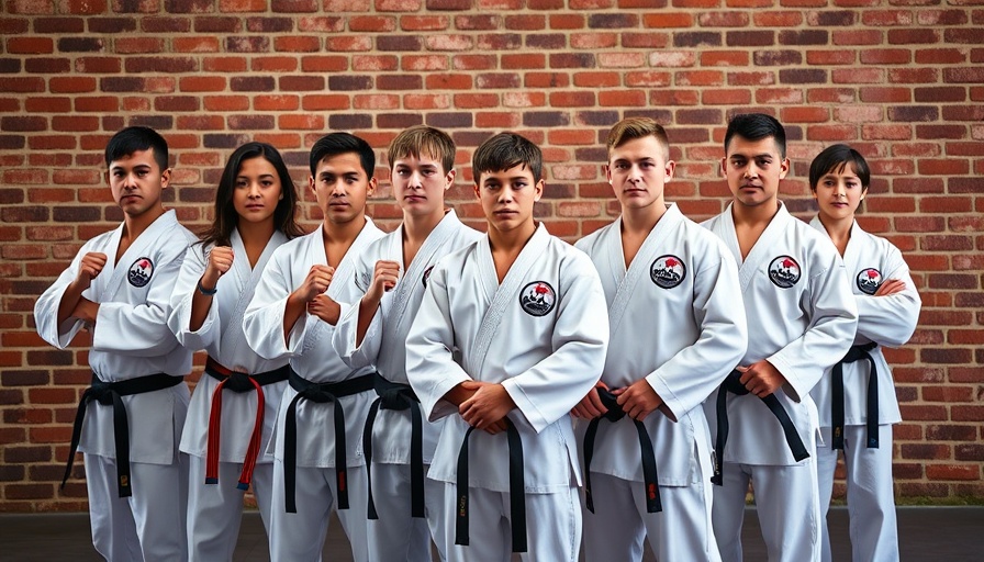 Martial arts group posing with belts showcasing confidence.