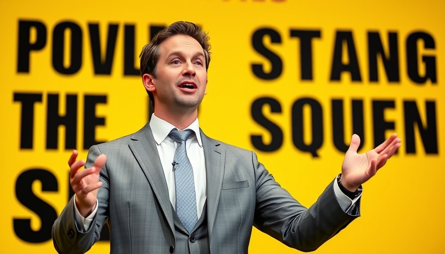 Professional speaker gesturing; blog on software worth paying for.