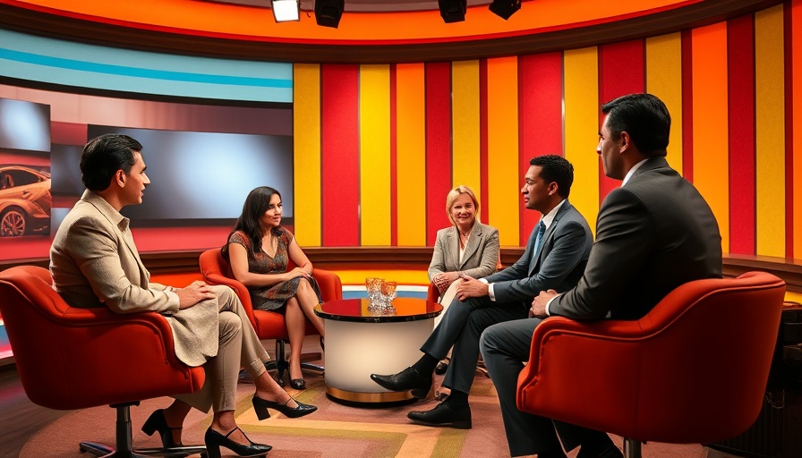 Retro TV show panel, guests in vintage studio setting.