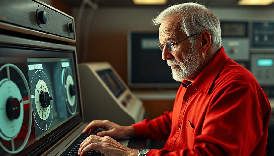 65-year-old computer operated by elderly man in red shirt, vintage tech.