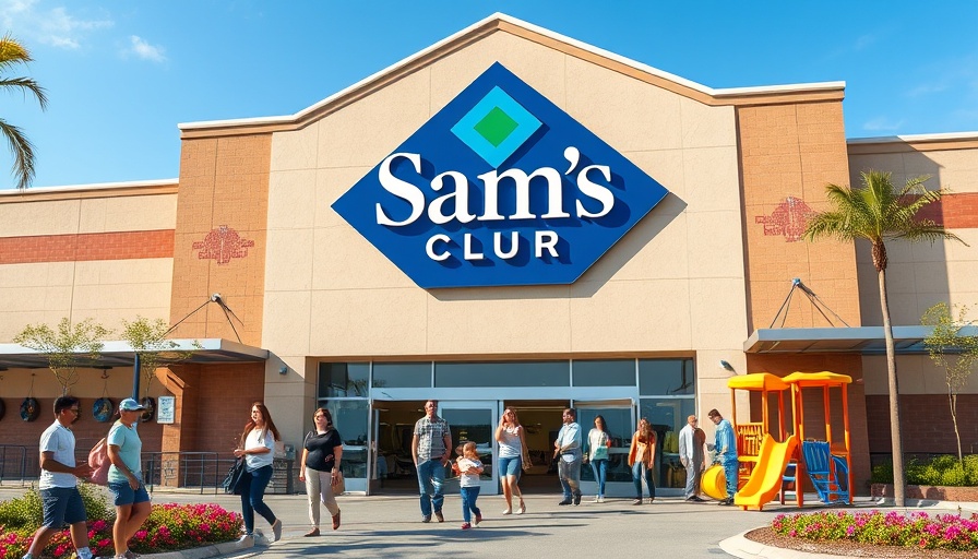 Sam's Club storefront showcasing membership benefits, sunny day.