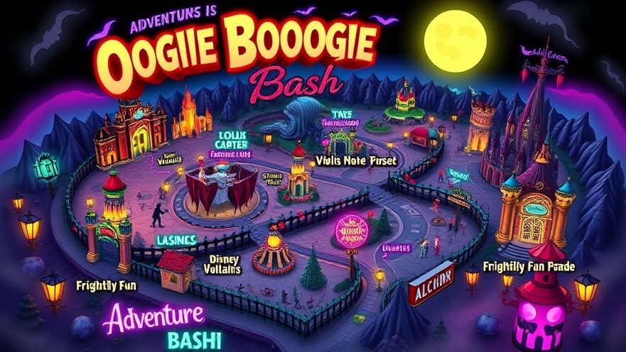 Colorful map of Disney Halloween Party 2025, featuring vibrant Disney Villain characters and landmarks.