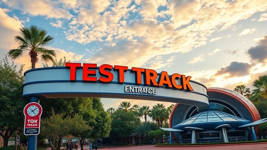 Epcot Test Track entrance, vibrant colors, ideal for Disney VIP tours.