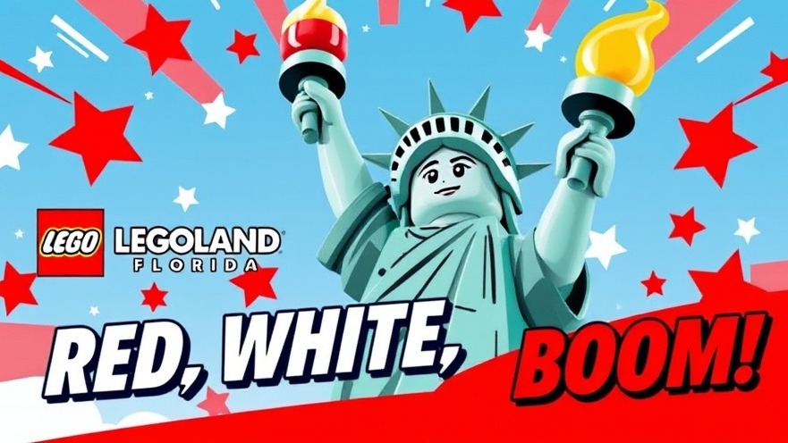 Vibrant LEGO Statue of Liberty promoting family-friendly events at LEGOLAND Red White & Boom.