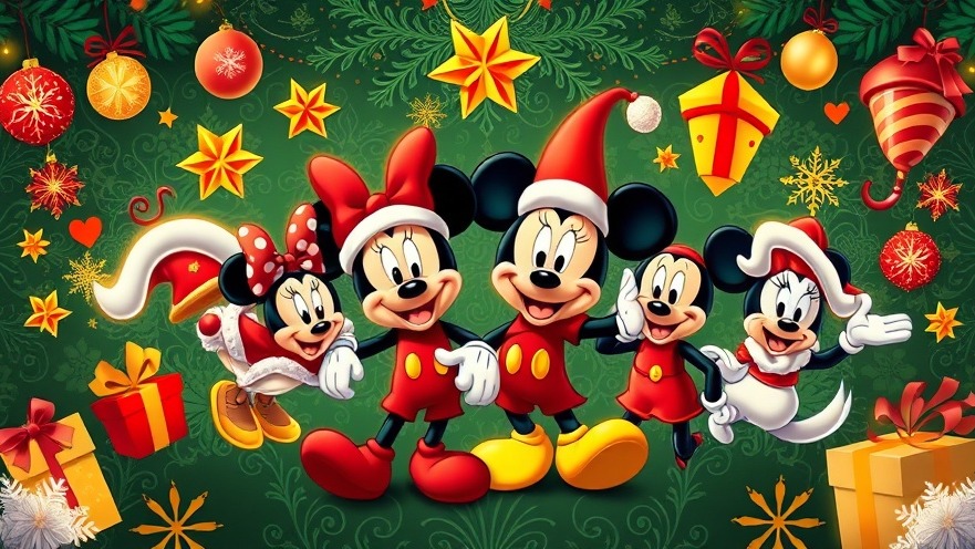 Vibrant Disney characters celebrating in holiday joy, perfect for luxury Disney vacation packages.