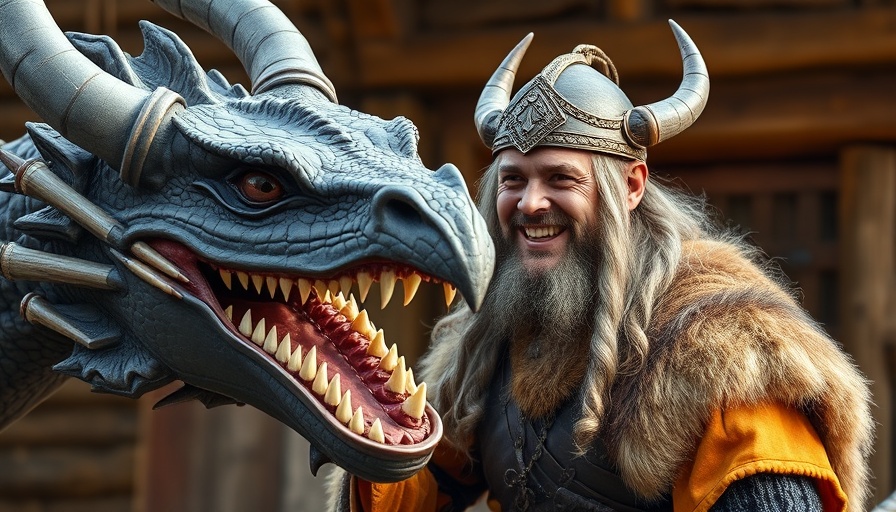 Viking-costumed person meets friendly dragon in Epic Universe setting.