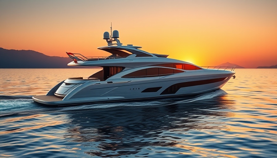 Sleek luxury yacht at sunset over calm waters.