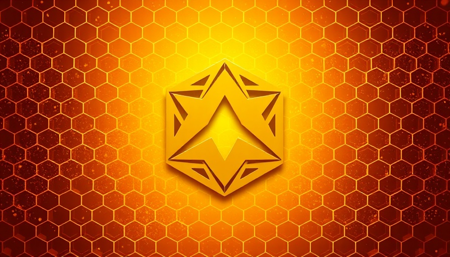 Golden geometric logo design with hexagonal pattern background.