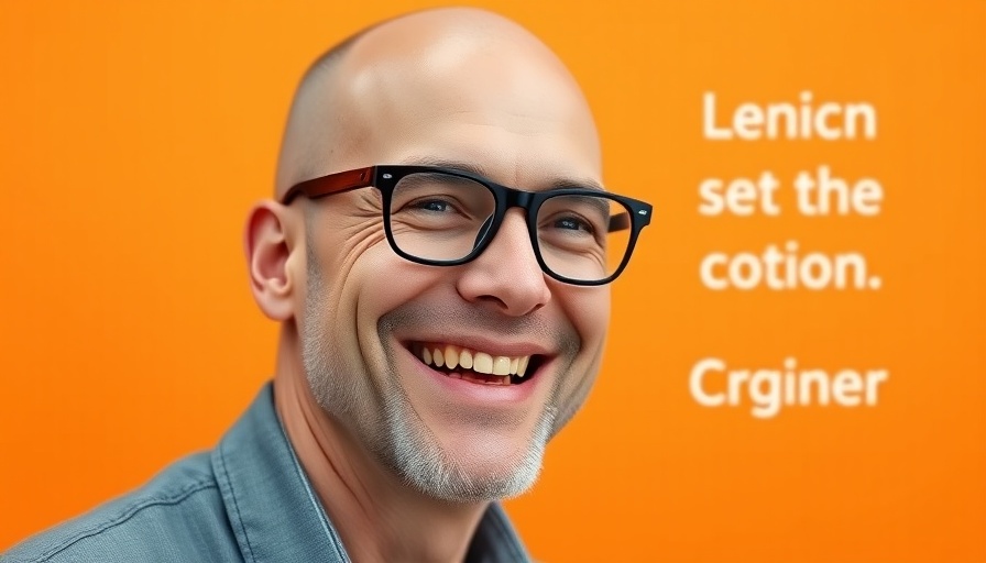 Cheerful bald man on yellow background with text.