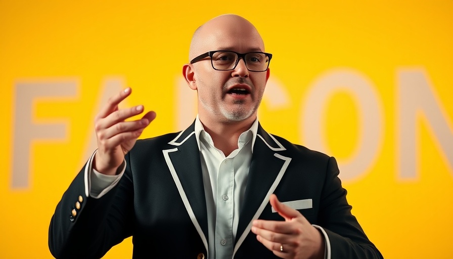 Bald man gesturing in front of yellow background.