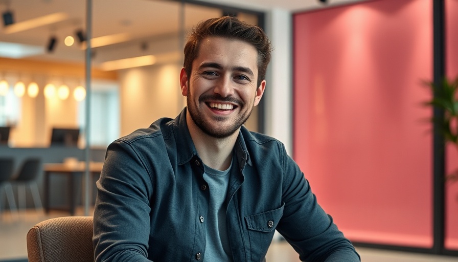 Casual man smiling in studio setting, warm lights.