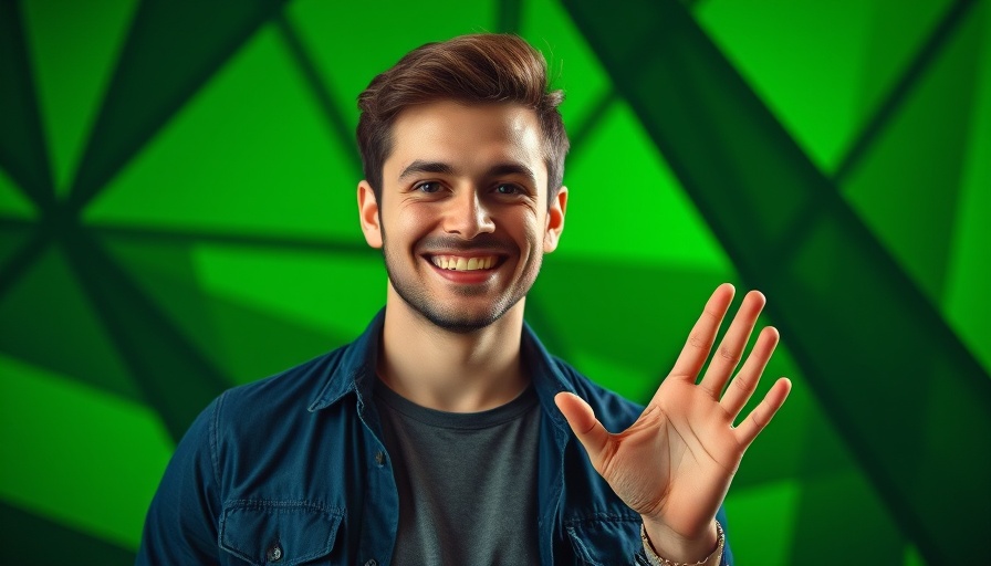 Enthusiastic man gesturing, vibrant green setting, Win 2024 with Content