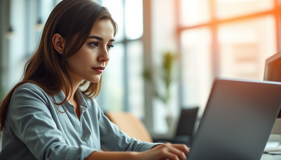 Young woman examining laptop for work-from-home job scams.
