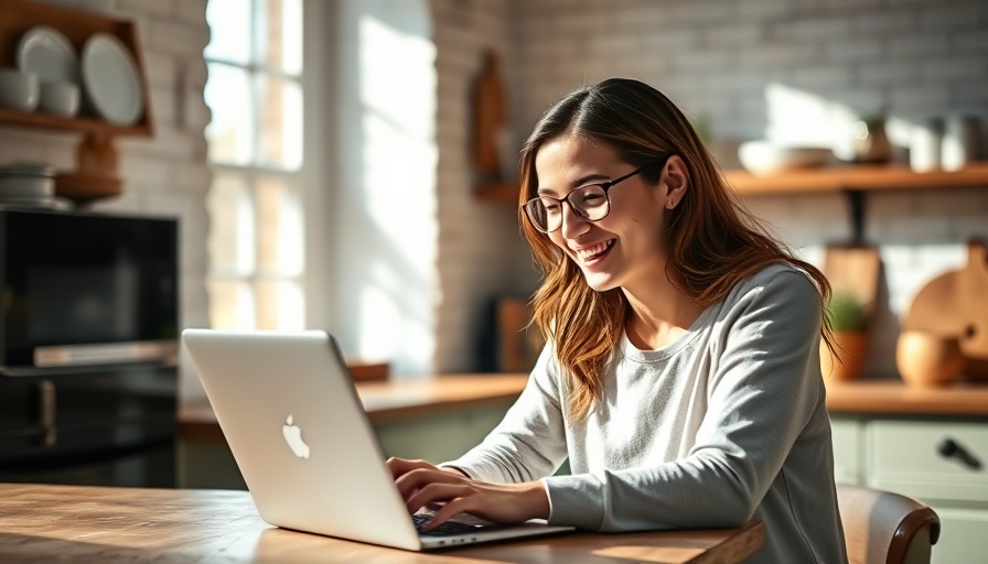 Smiling woman working remotely from home in cozy kitchen, Remote Work-from-Home Jobs with UPS.