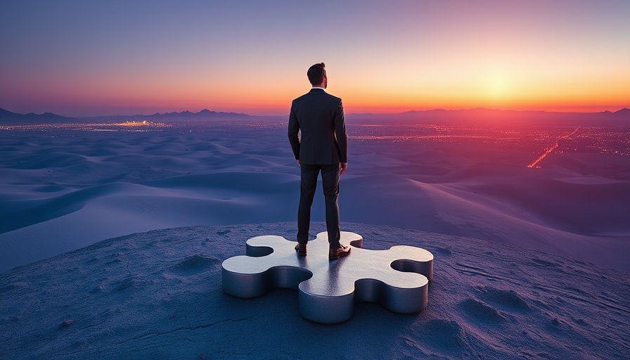 Surreal image of a businessman on a puzzle piece in a blue desert, symbolizing the impact of shareholder loans and intangible assets.