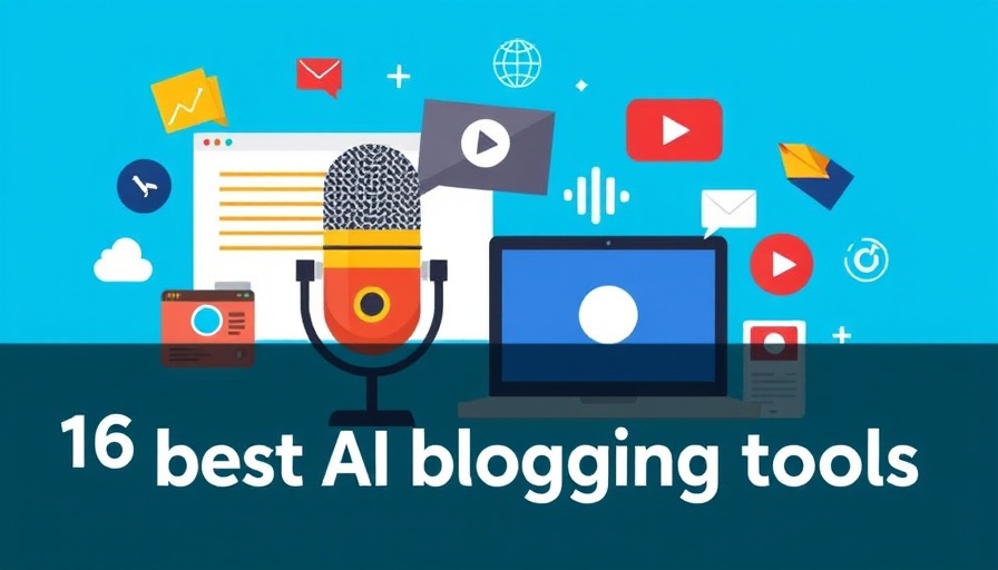 16 best AI blogging tools graphic with digital tools and icons.